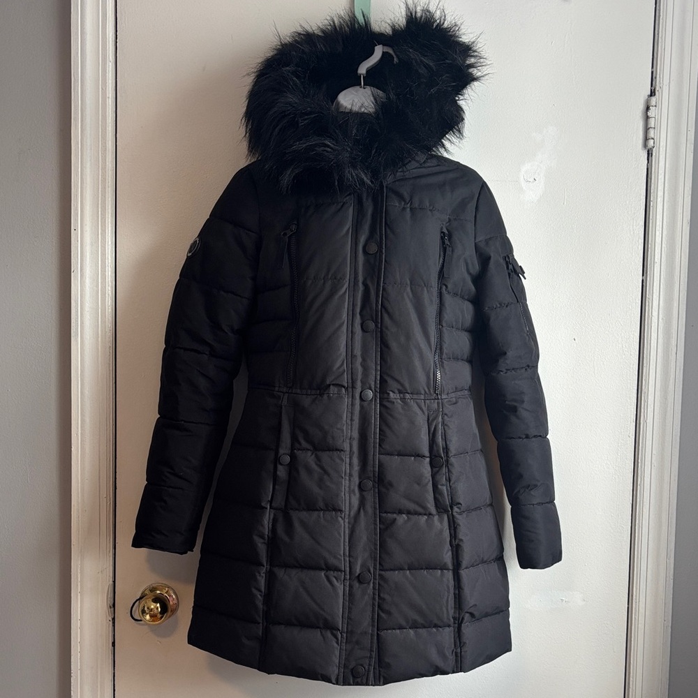 Nautica Women's Black Puffer Jacket with Faux Fur Hood